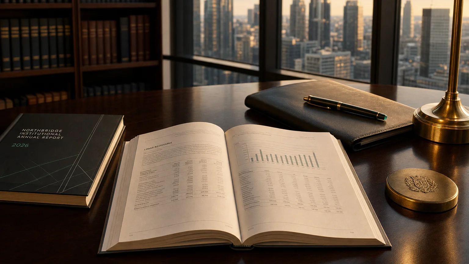 Corporate ledger or annual-report booklet open to the loans receivable chapter on a wooden desk.