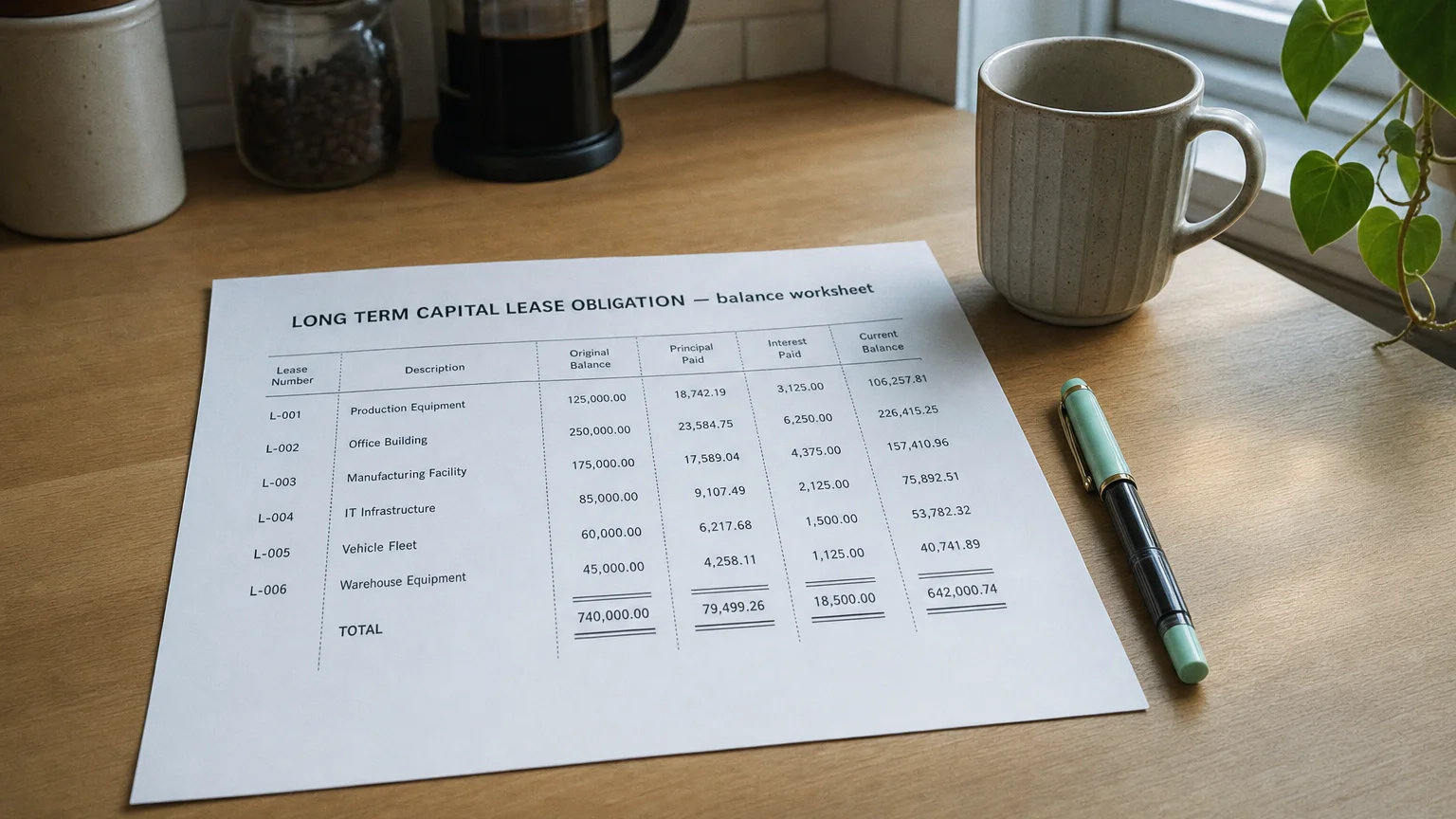 Accounting worksheet showing long term capital lease obligation line items with neat column totals and a fountain pen.