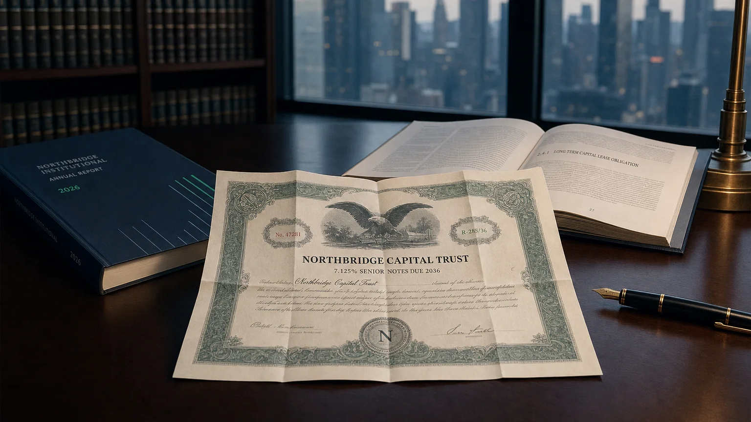 Corporate ledger or annual-report booklet open to the long term capital lease obligation chapter on a wooden desk.