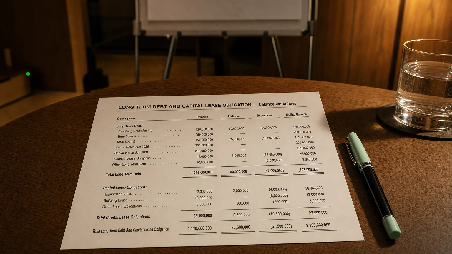 Accounting worksheet showing long term debt and capital lease obligation line items with neat column totals and a fountain pen.