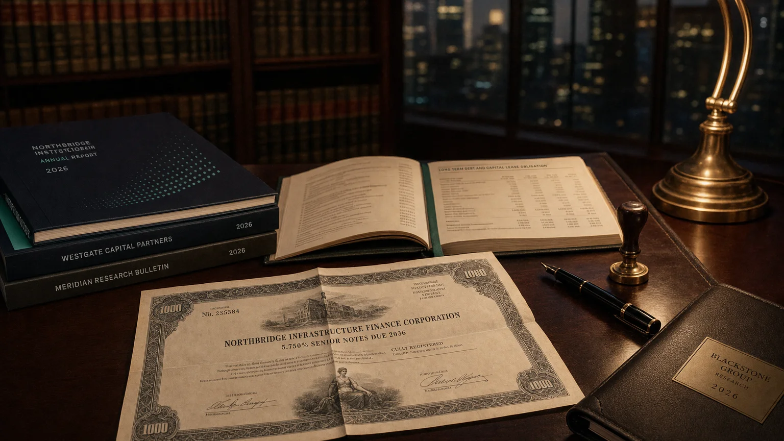 Corporate ledger or annual-report booklet open to the long term debt and capital lease obligation chapter on a wooden desk.