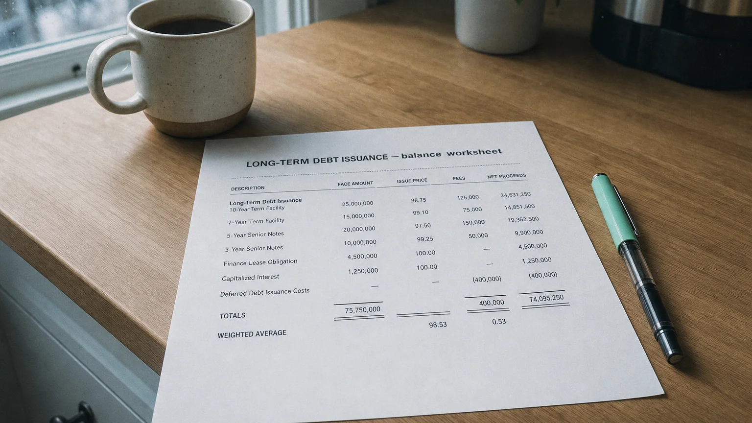 Accounting worksheet showing long-term debt issuance line items with neat column totals and a fountain pen.