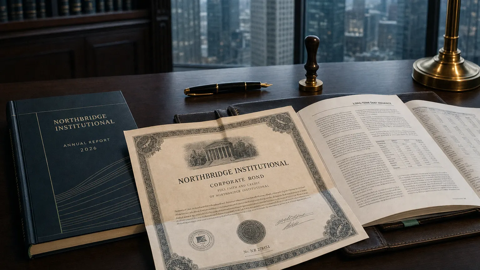 Corporate ledger or annual-report booklet open to the long-term debt issuance chapter on a wooden desk.