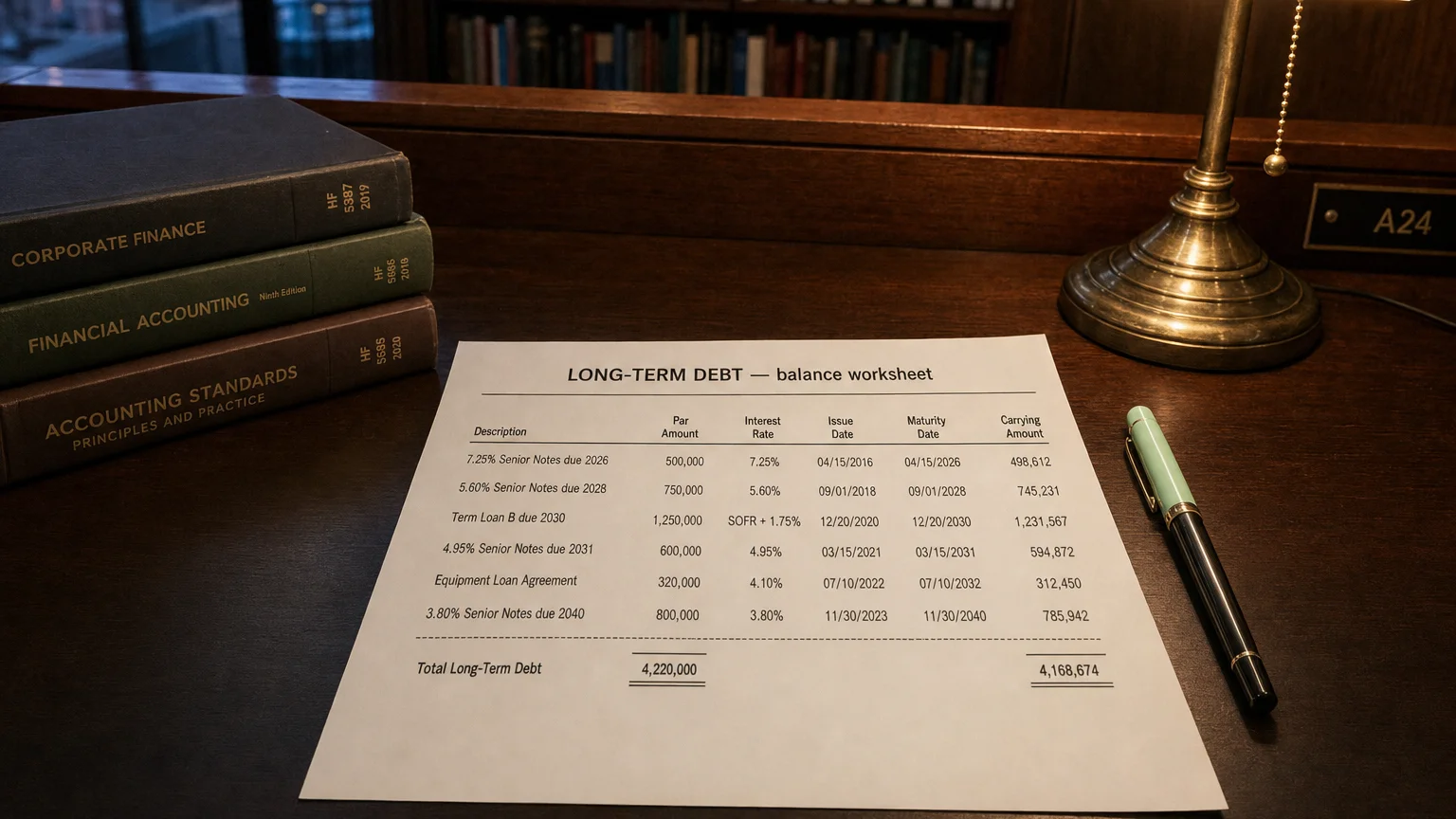 Accounting worksheet showing long-term debt line items with neat column totals and a fountain pen.