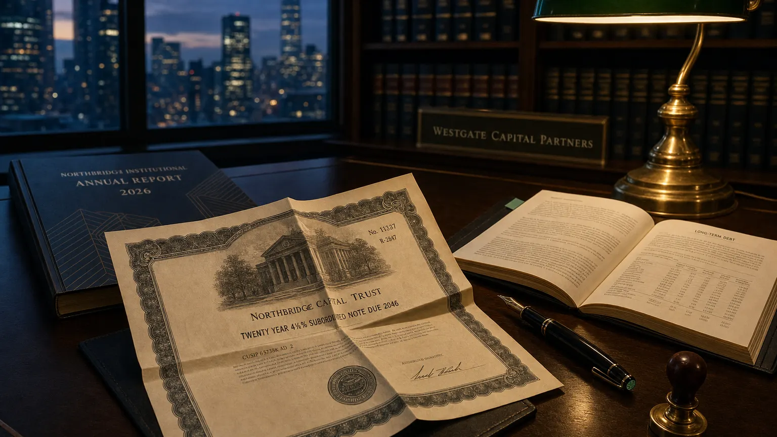 Corporate ledger or annual-report booklet open to the long-term debt chapter on a wooden desk.