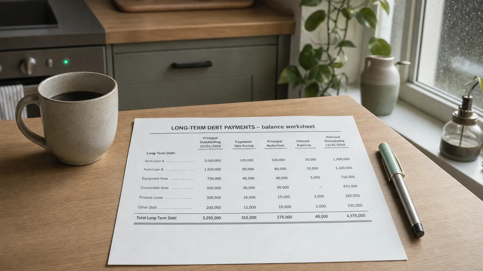 Accounting worksheet showing long-term debt payments line items with neat column totals and a fountain pen.