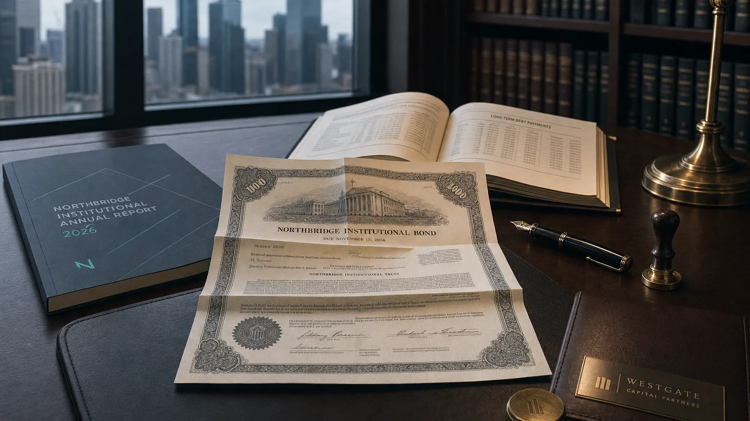 Corporate ledger or annual-report booklet open to the long-term debt payments chapter on a wooden desk.