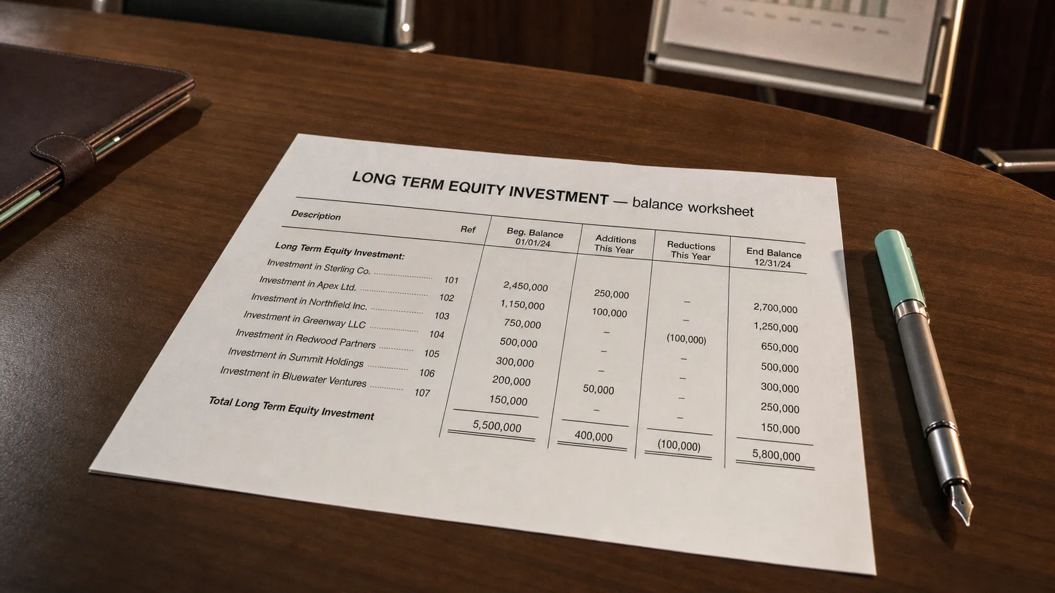 Accounting worksheet showing long term equity investment line items with neat column totals and a fountain pen.