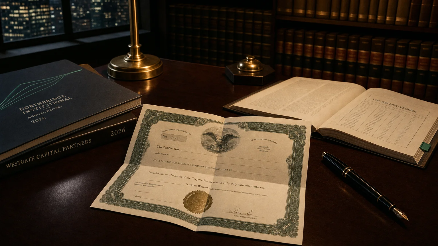 Corporate ledger or annual-report booklet open to the long term equity investment chapter on a wooden desk.