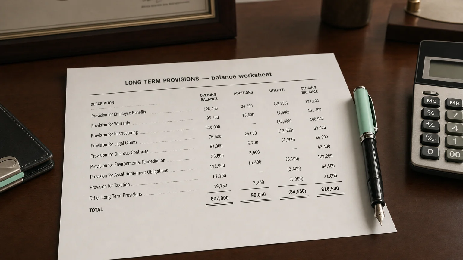 Accounting worksheet showing long term provisions line items with neat column totals and a fountain pen.