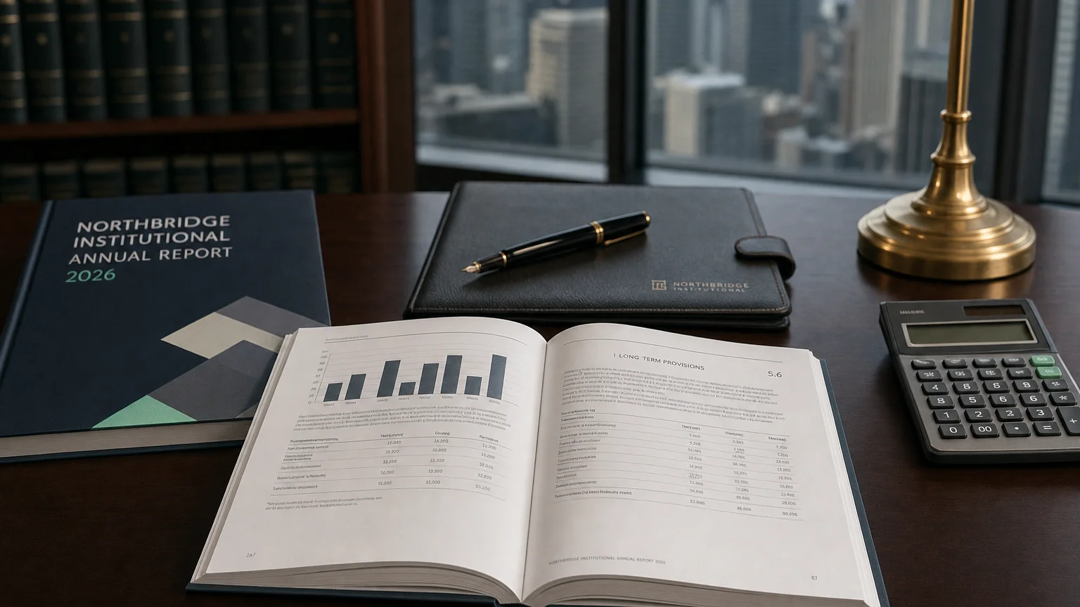 Corporate ledger or annual-report booklet open to the long term provisions chapter on a wooden desk.