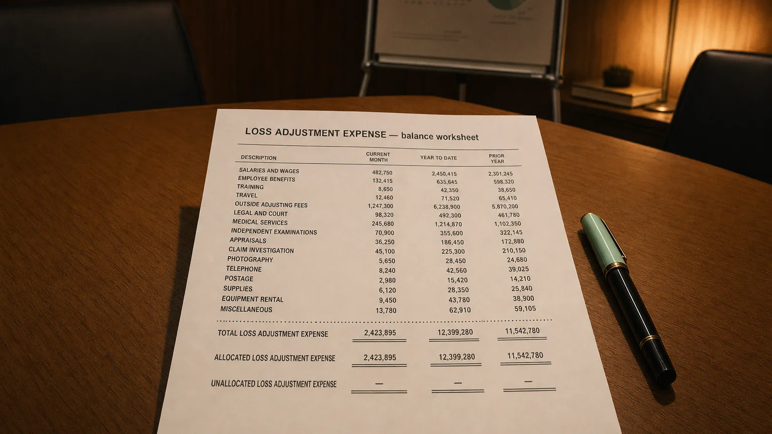 Accounting worksheet showing loss adjustment expense line items with neat column totals and a fountain pen.