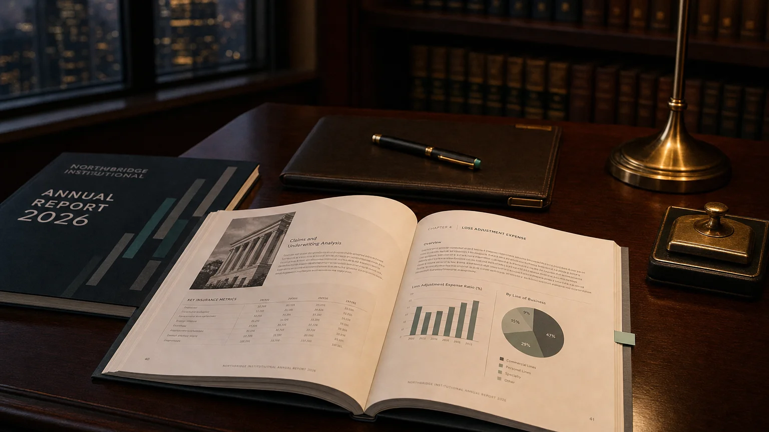 Corporate ledger or annual-report booklet open to the loss adjustment expense chapter on a wooden desk.