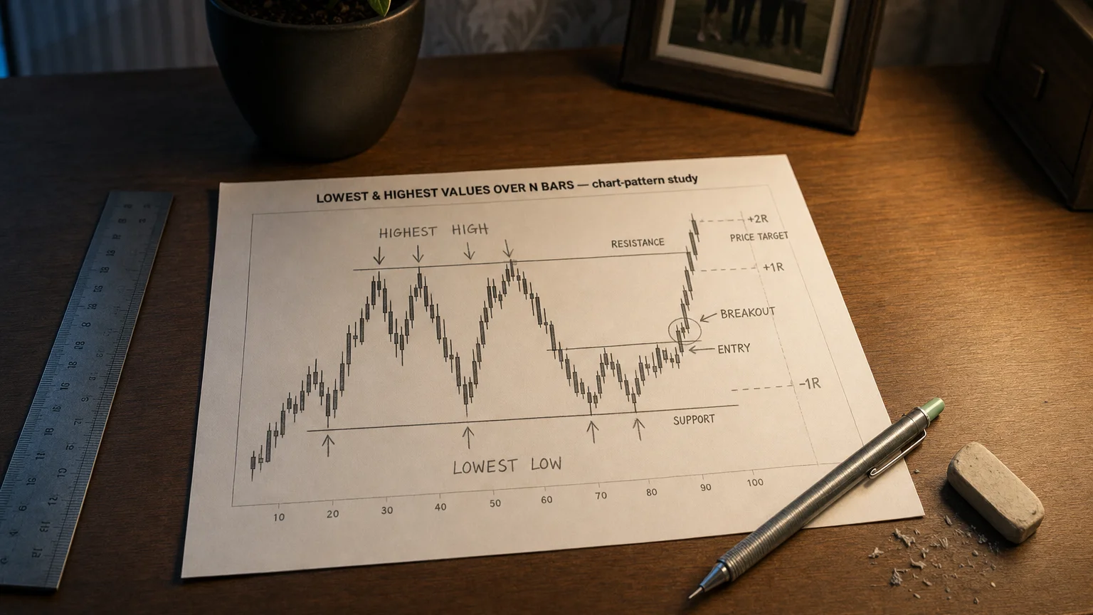 Printed candlestick chart annotated with hand-drawn lowest & highest values over n bars pattern markers on an analyst desk.
