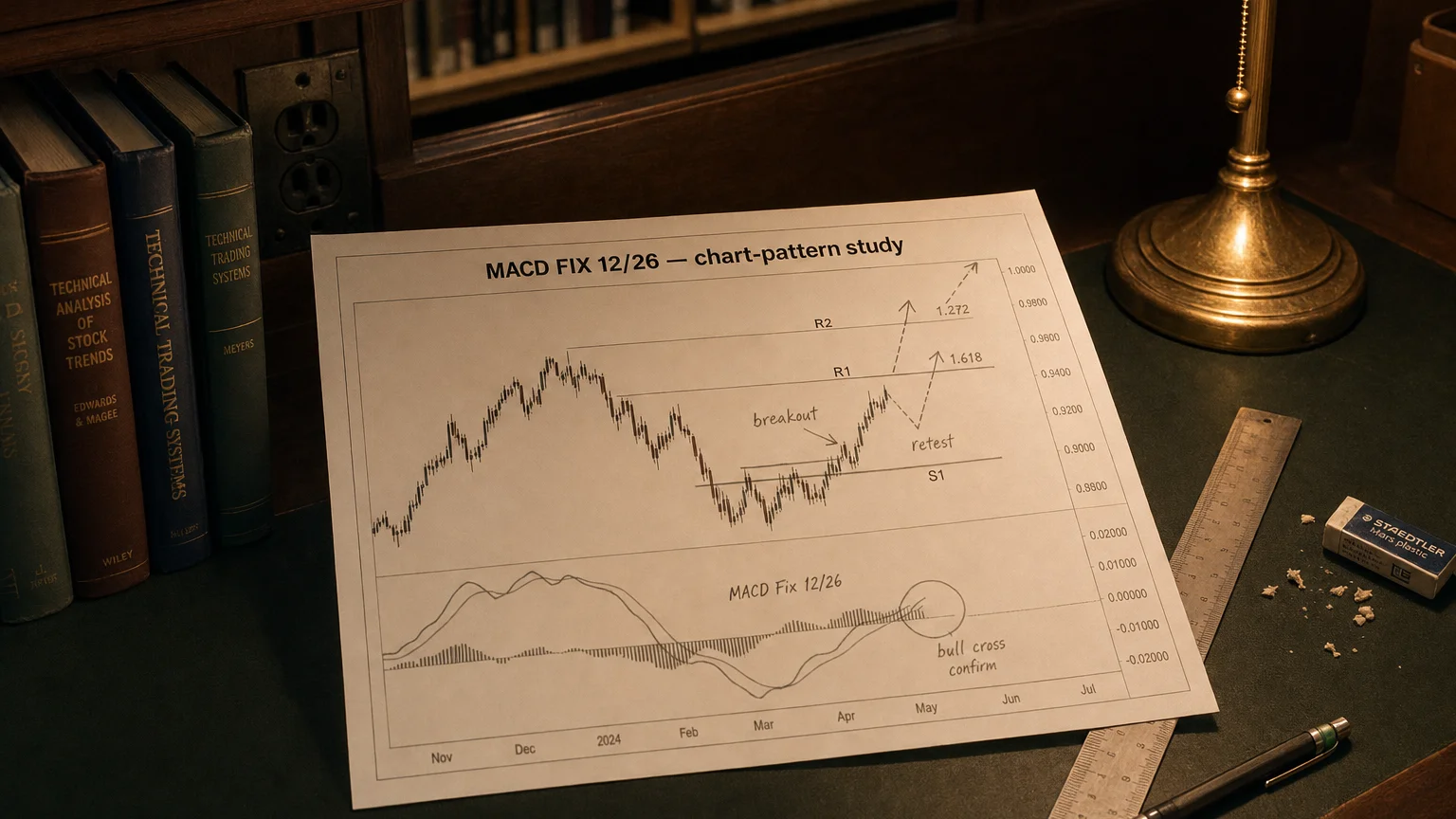 Printed candlestick chart annotated with hand-drawn macd fix 12/26 pattern markers on an analyst desk.