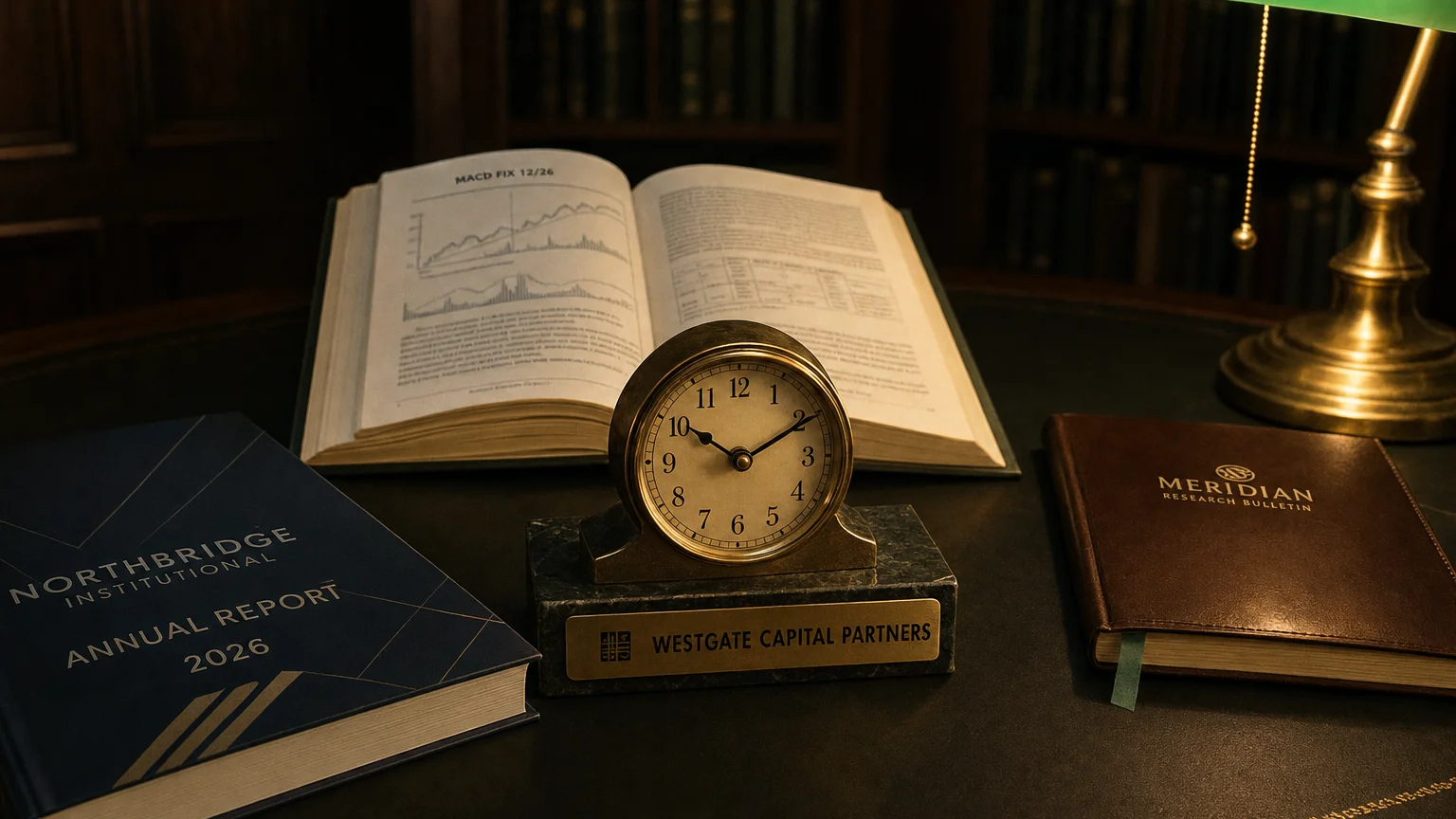 Trading-desk artifact representing macd fix 12/26 — textbook page and bull-or-bear desk sculpture.