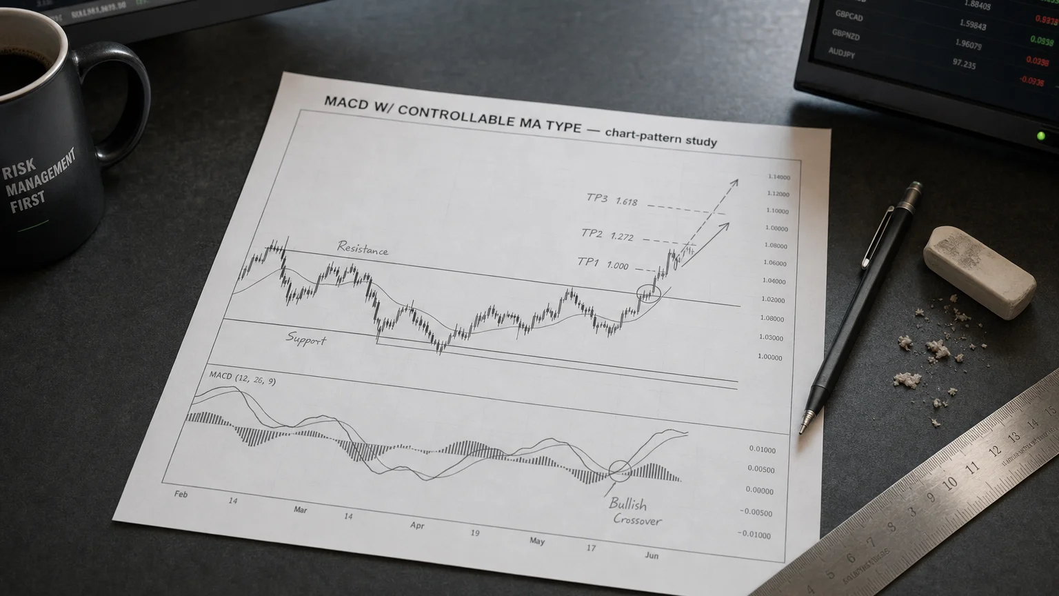 Printed candlestick chart annotated with hand-drawn macd w/ controllable ma type pattern markers on an analyst desk.