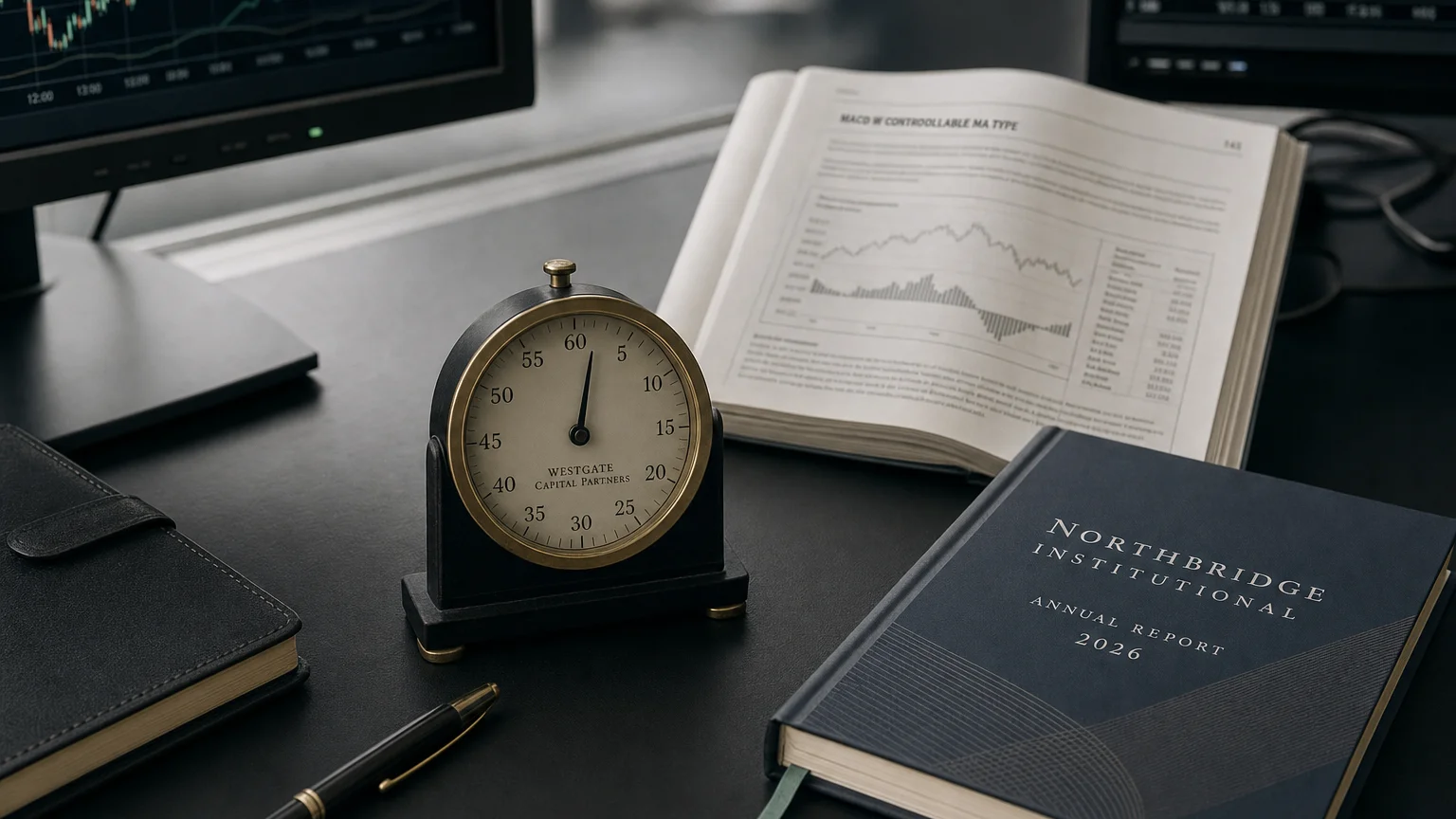 Trading-desk artifact representing macd w/ controllable ma type — textbook page and bull-or-bear desk sculpture.
