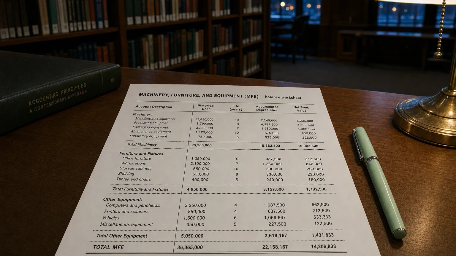 Accounting worksheet showing machinery, furniture, and equipment (mfe) line items with neat column totals and a fountain pen.