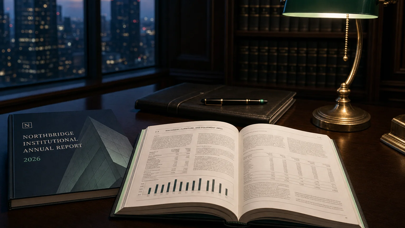 Corporate ledger or annual-report booklet open to the machinery, furniture, and equipment (mfe) chapter on a wooden desk.
