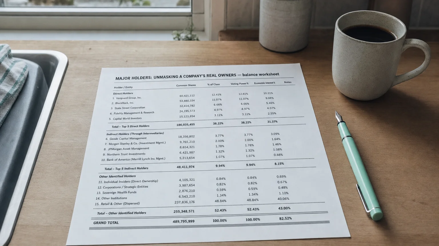Accounting worksheet showing major holders: unmasking a company's real owners line items with neat column totals and a fountain pen.