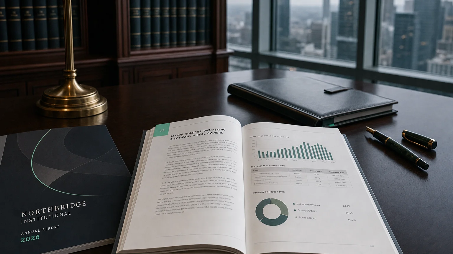Corporate ledger or annual-report booklet open to the major holders: unmasking a company's real owners chapter on a wooden desk.