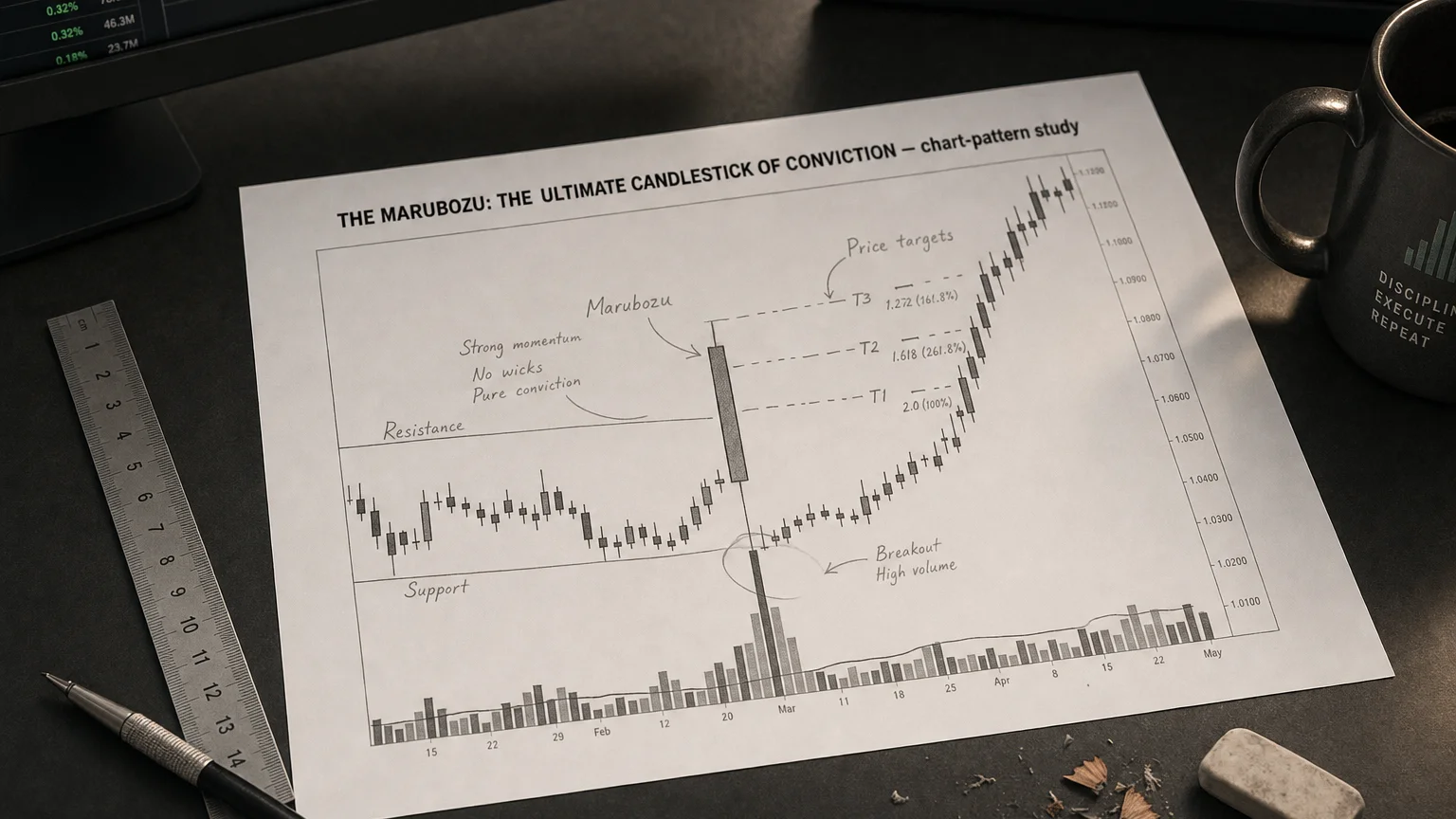 Printed candlestick chart annotated with hand-drawn the marubozu: the ultimate candlestick of conviction pattern markers on an analyst desk.