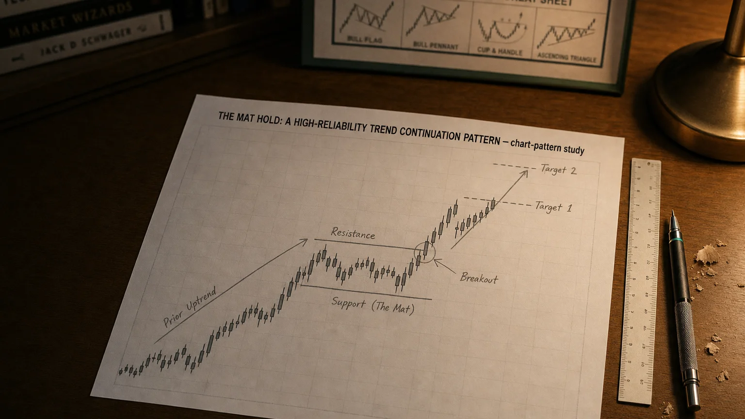 Printed candlestick chart annotated with hand-drawn the mat hold: a high-reliability trend continuation pat pattern markers on an analyst desk.