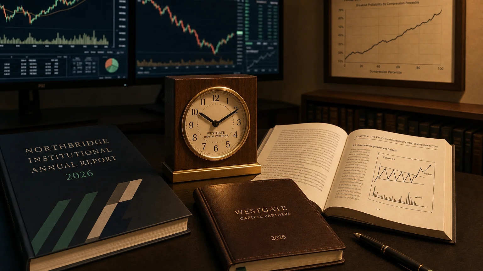 Trading-desk artifact representing the mat hold: a high-reliability trend continuation pat — textbook page and bull-or-bear desk sculpture.