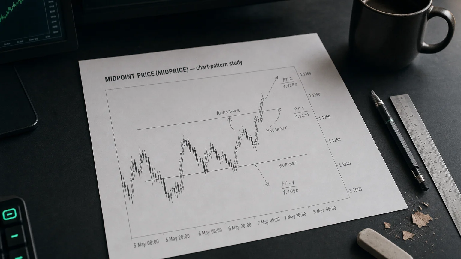Printed candlestick chart annotated with hand-drawn midpoint price (midprice) pattern markers on an analyst desk.