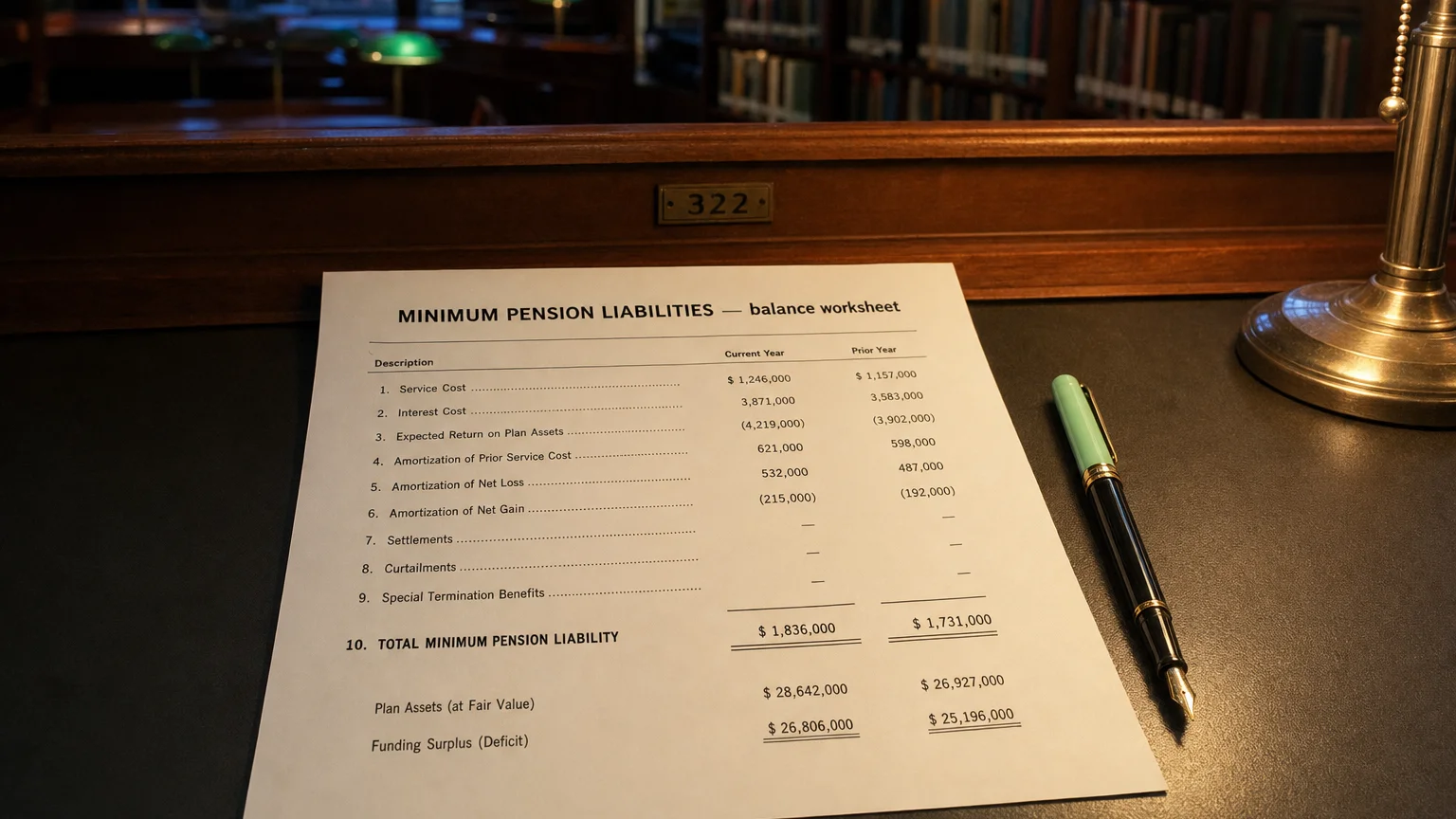 Accounting worksheet showing minimum pension liabilities line items with neat column totals and a fountain pen.