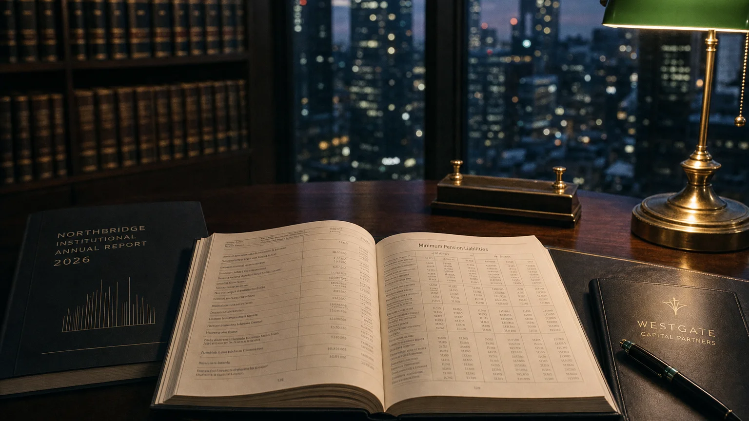 Corporate ledger or annual-report booklet open to the minimum pension liabilities chapter on a wooden desk.