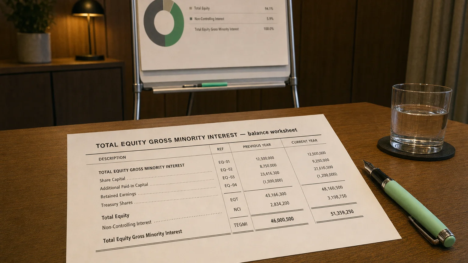 Accounting worksheet showing total equity gross minority interest line items with neat column totals and a fountain pen.