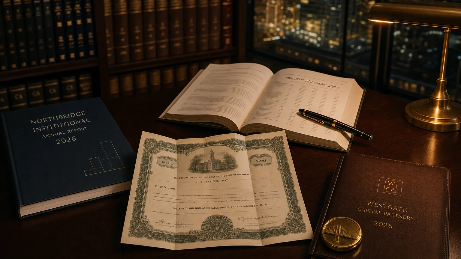 Corporate ledger or annual-report booklet open to the total equity gross minority interest chapter on a wooden desk.