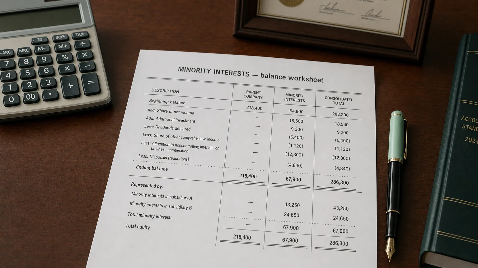 Accounting worksheet showing minority interests line items with neat column totals and a fountain pen.
