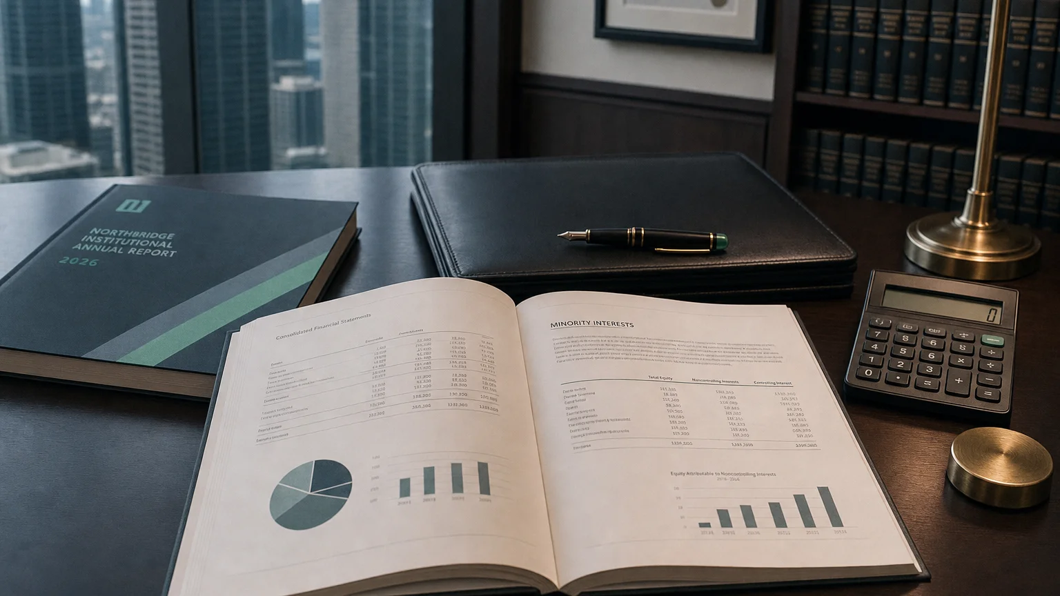 Corporate ledger or annual-report booklet open to the minority interests chapter on a wooden desk.