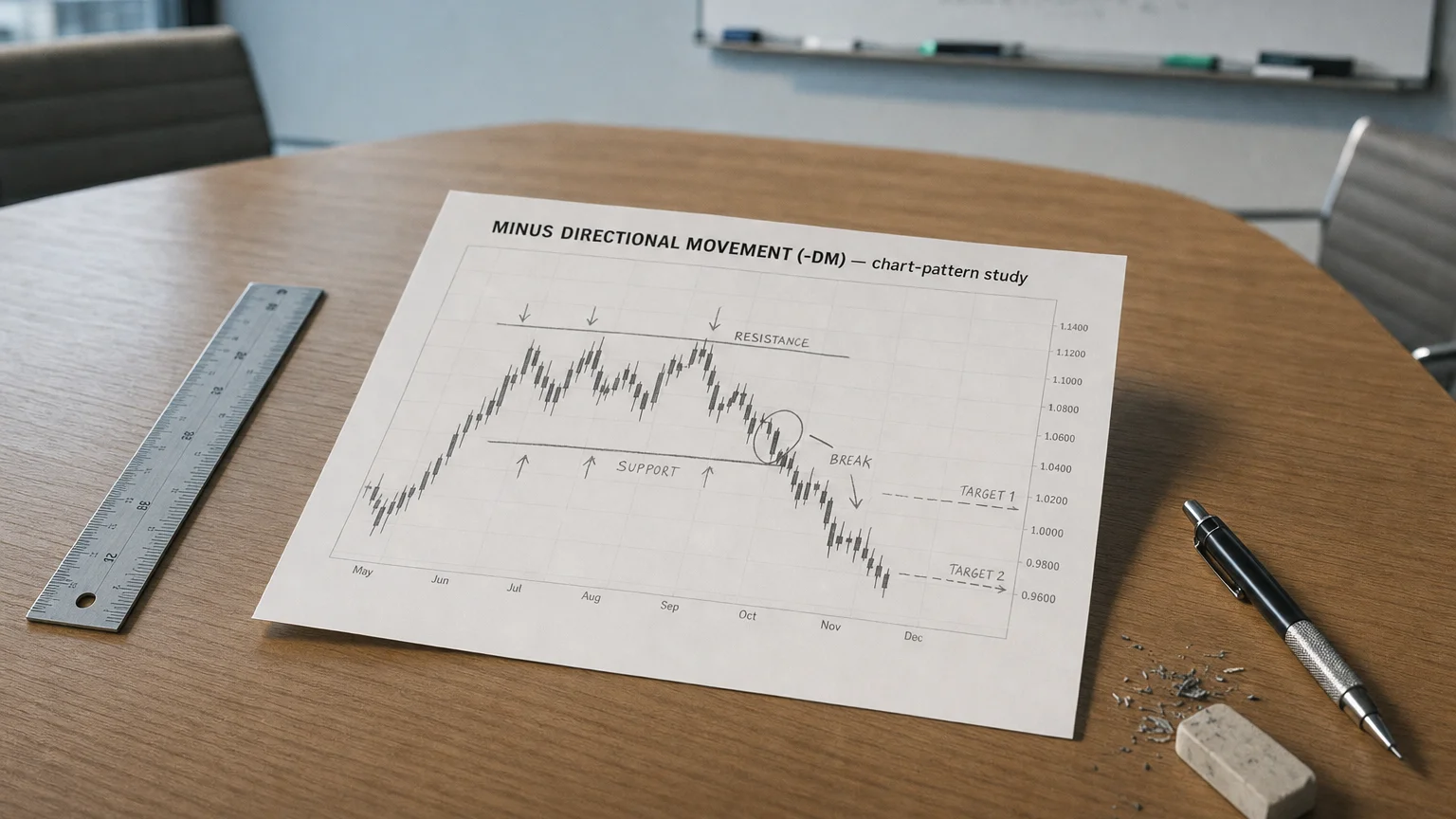 Printed candlestick chart annotated with hand-drawn minus directional movement (-dm) pattern markers on an analyst desk.