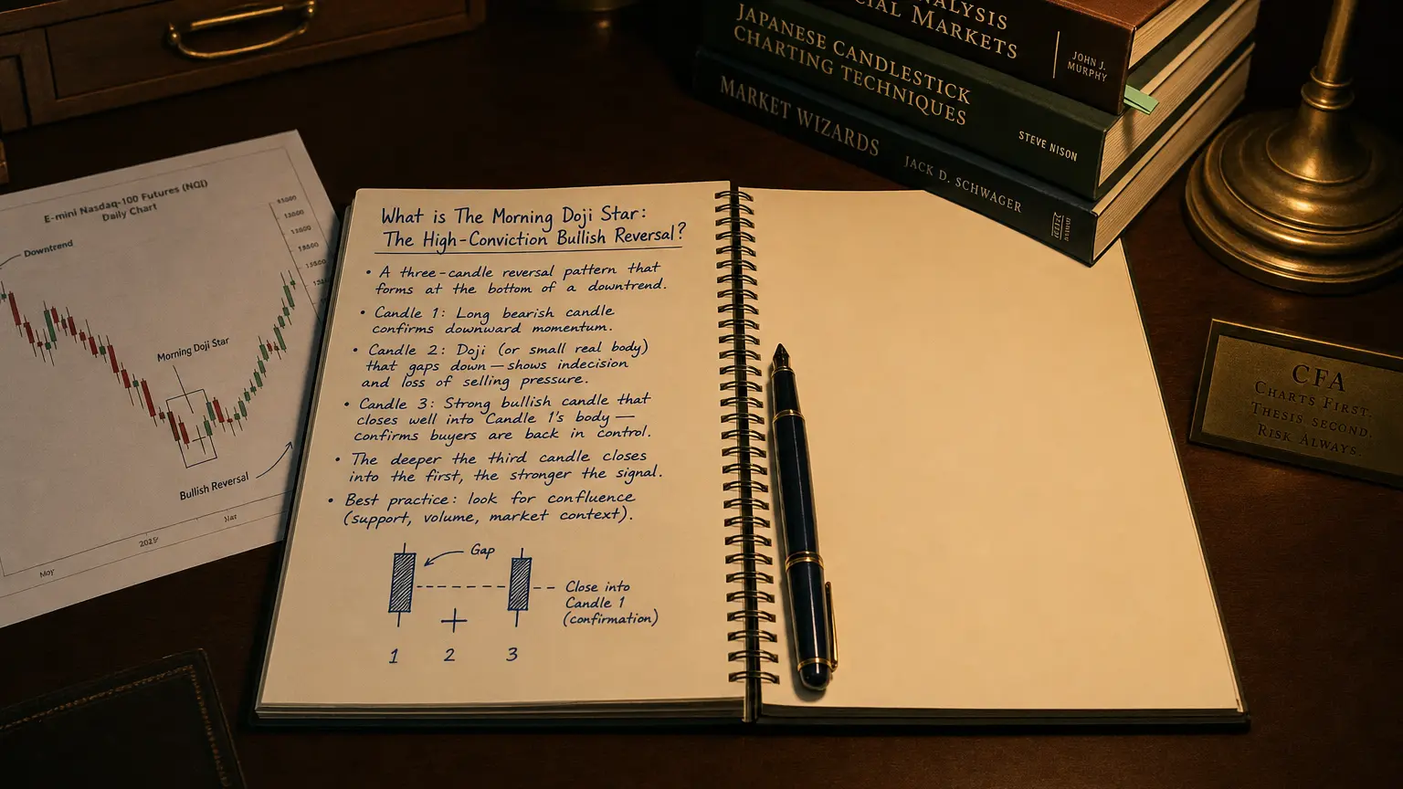 the morning doji star: the high-conviction bullish reversal — editorial hero illustration