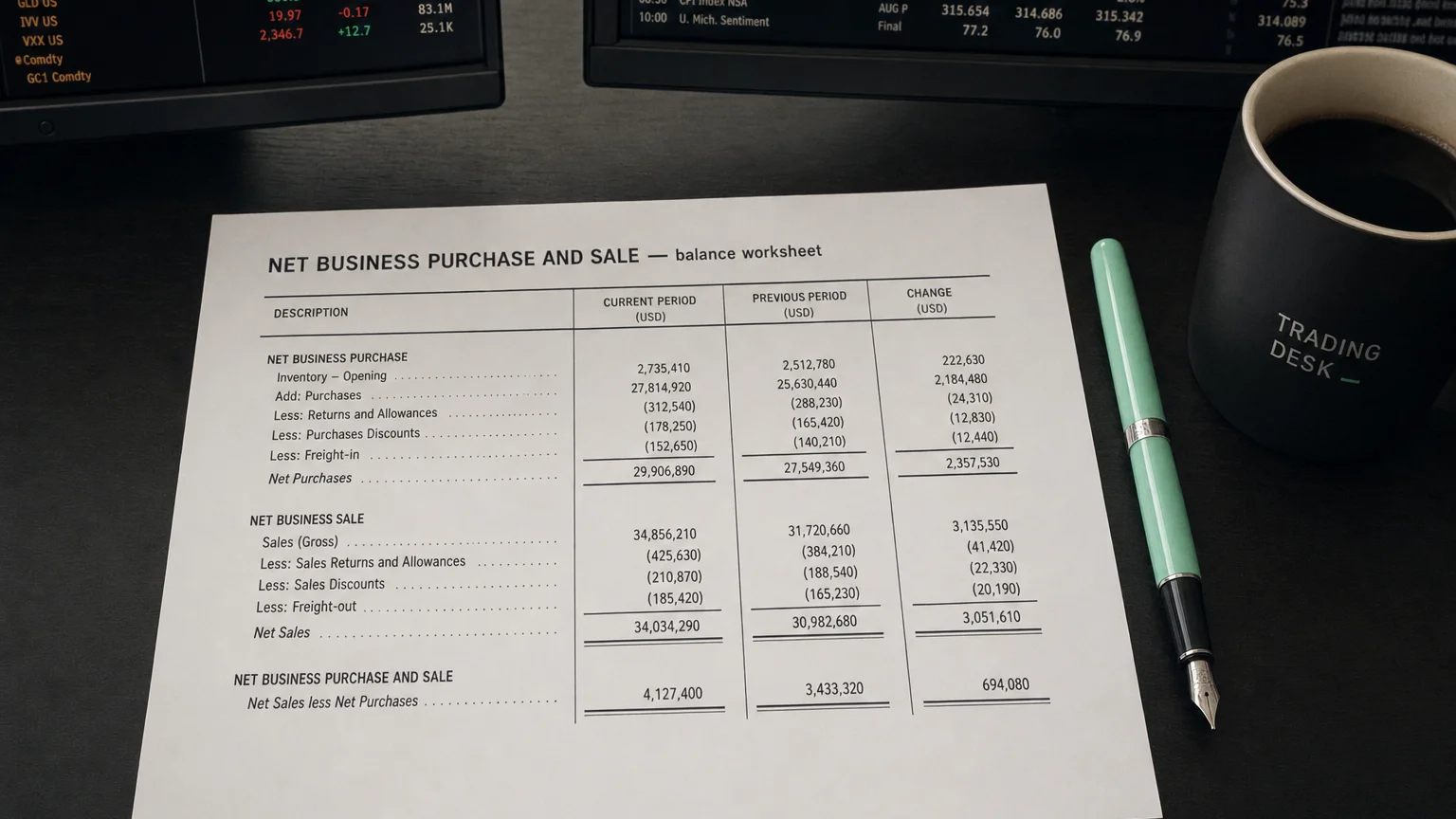 Accounting worksheet showing net business purchase and sale line items with neat column totals and a fountain pen.