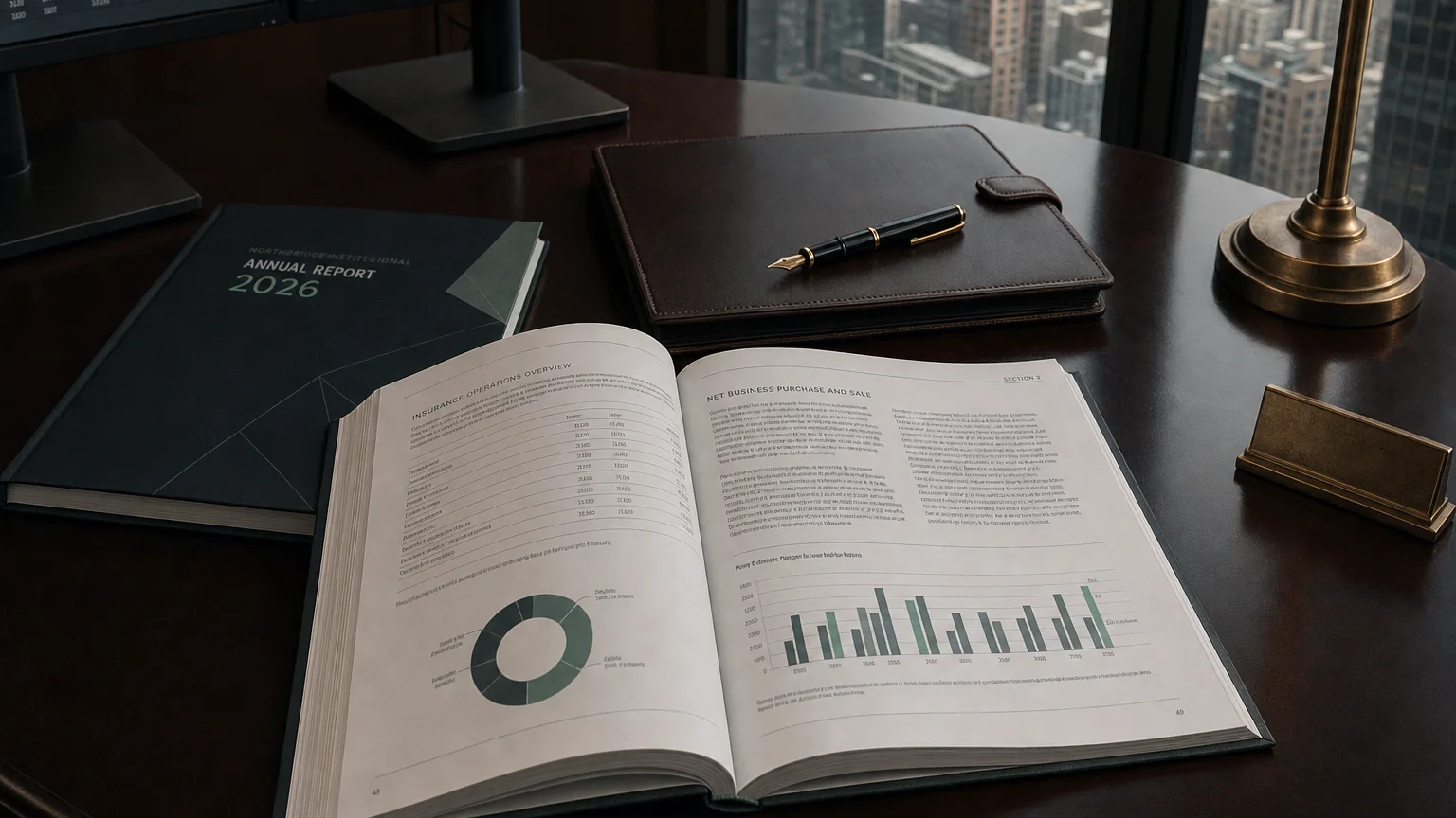 Corporate ledger or annual-report booklet open to the net business purchase and sale chapter on a wooden desk.