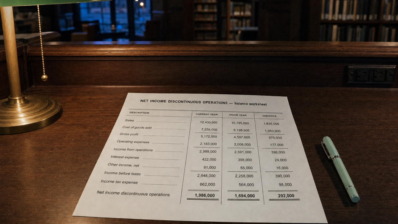 Accounting worksheet showing net income discontinuous operations line items with neat column totals and a fountain pen.