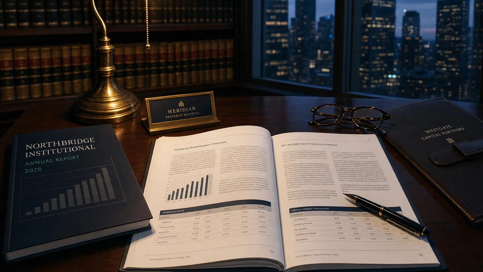 Corporate ledger or annual-report booklet open to the net income discontinuous operations chapter on a wooden desk.