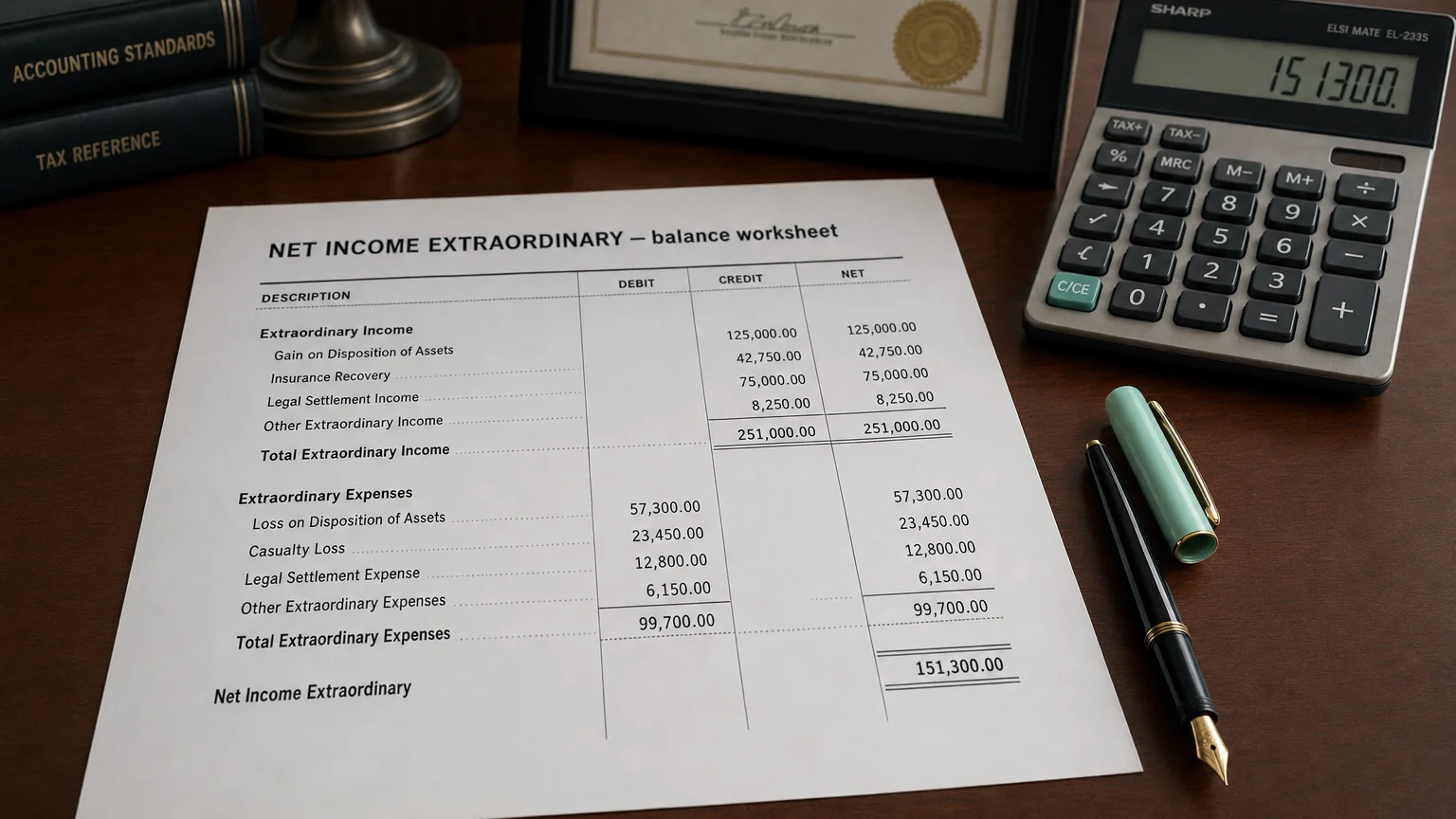 Accounting worksheet showing net income extraordinary line items with neat column totals and a fountain pen.