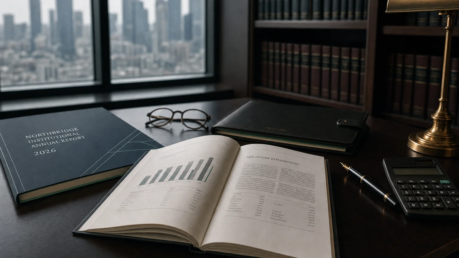 Corporate ledger or annual-report booklet open to the net income extraordinary chapter on a wooden desk.