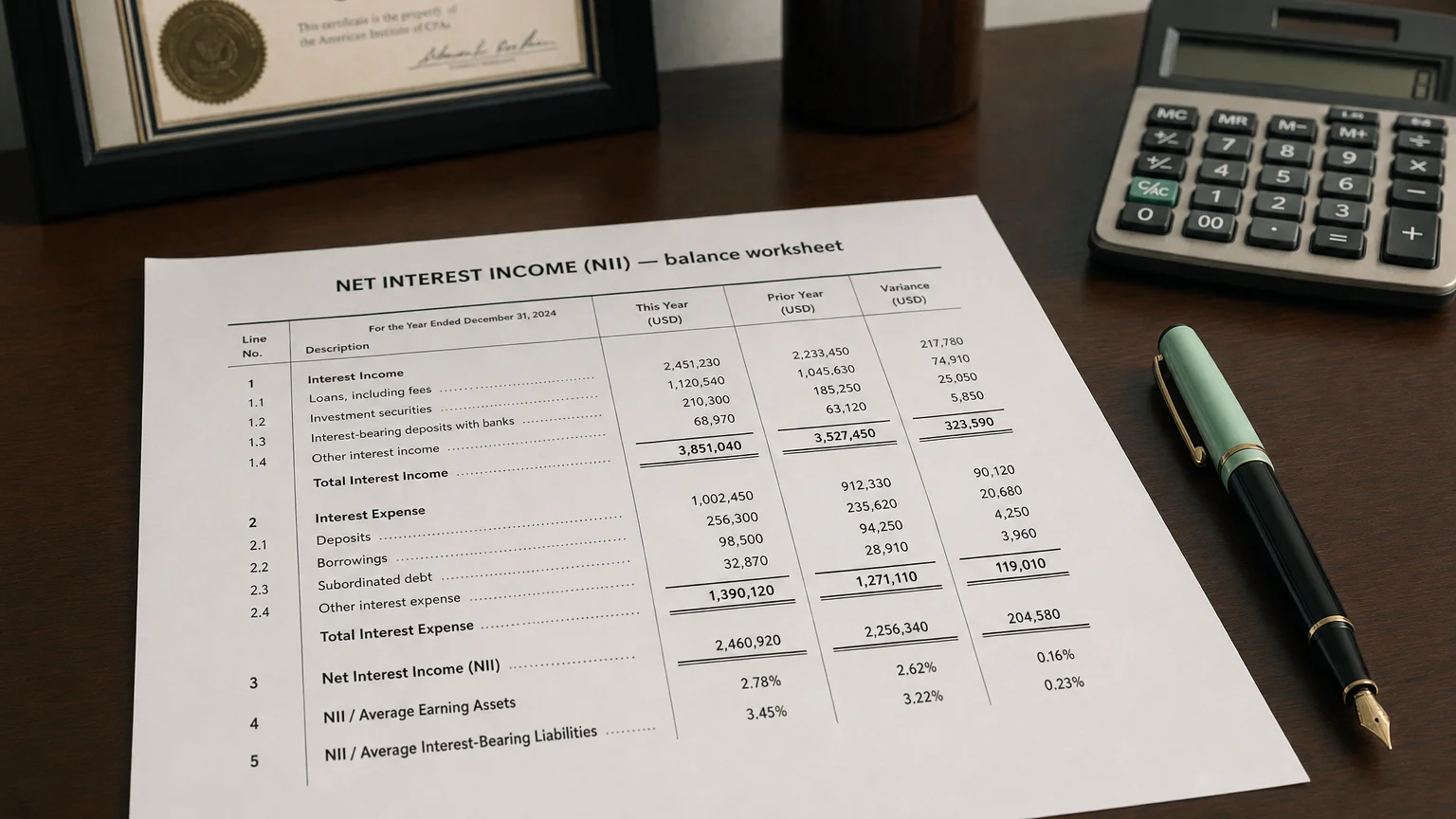 Accounting worksheet showing net interest income (nii) line items with neat column totals and a fountain pen.