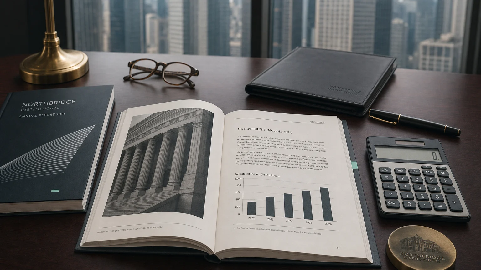 Corporate ledger or annual-report booklet open to the net interest income (nii) chapter on a wooden desk.