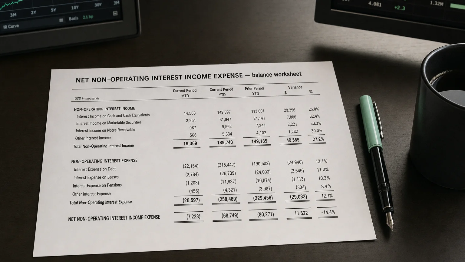 Accounting worksheet showing net non-operating interest income expense line items with neat column totals and a fountain pen.
