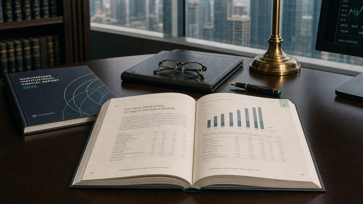Corporate ledger or annual-report booklet open to the net non-operating interest income expense chapter on a wooden desk.