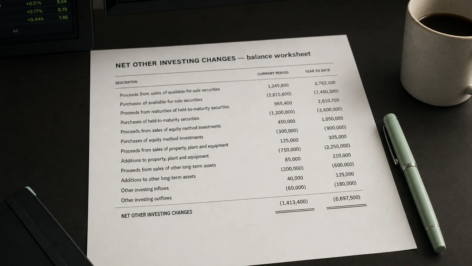 Accounting worksheet showing net other investing changes line items with neat column totals and a fountain pen.