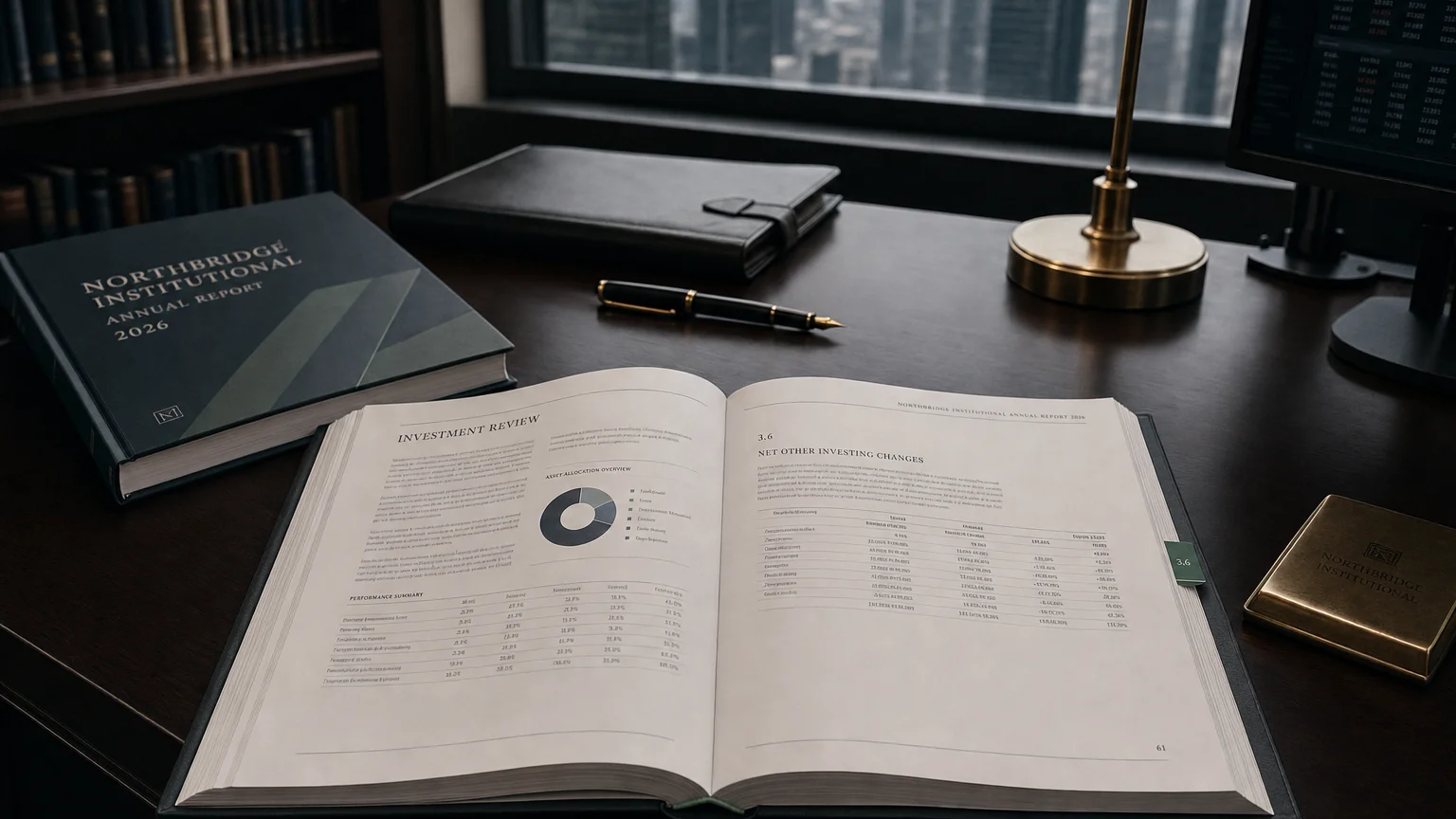 Corporate ledger or annual-report booklet open to the net other investing changes chapter on a wooden desk.